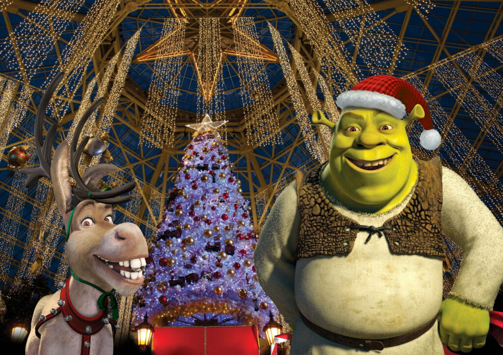 Vibrant Christmas Wallpaper with Animated Characters & Tree Lights