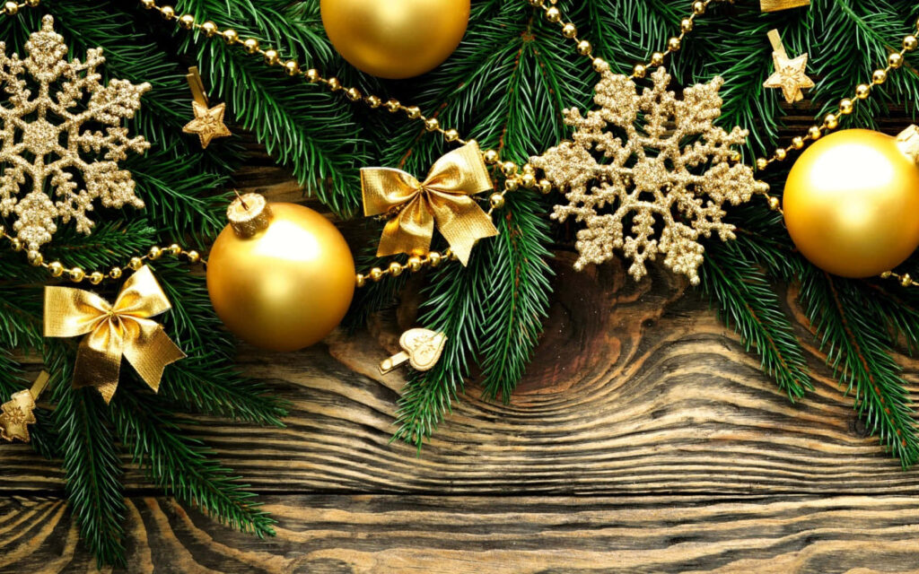 Festive Christmas Wallpaper with Rustic Decor and Pine Branches