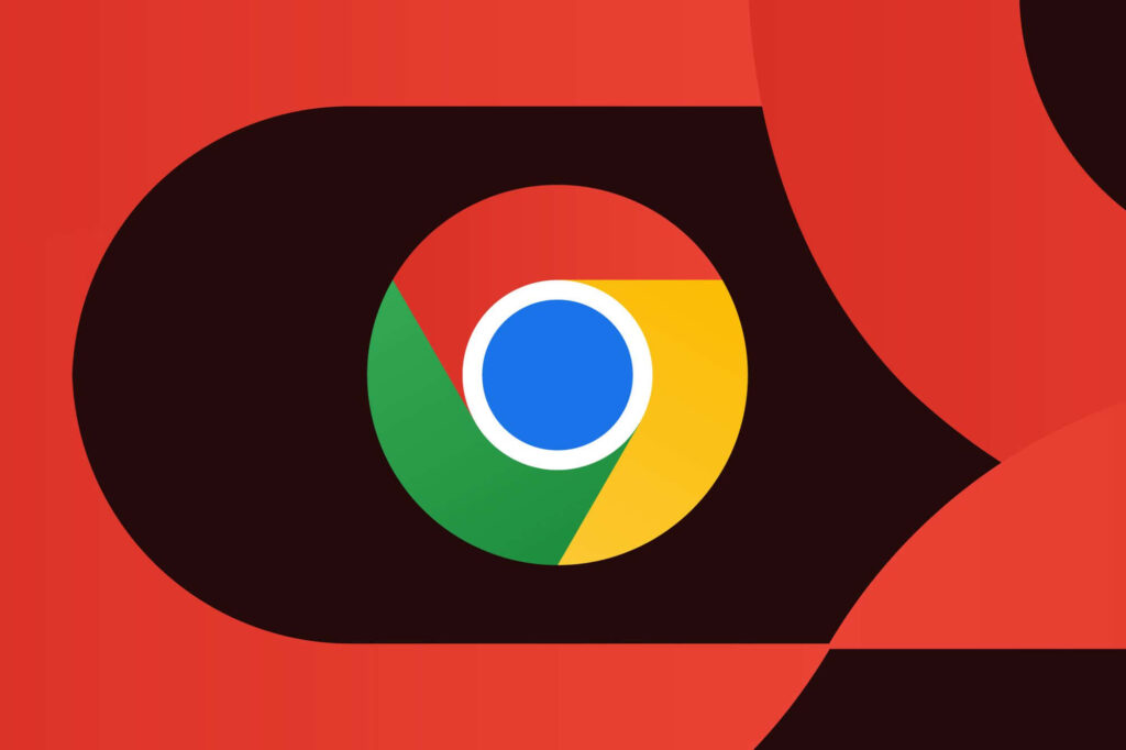 Chrome logo centered vibrant wallpaper with bold red black yellow green blue geometric shapes
