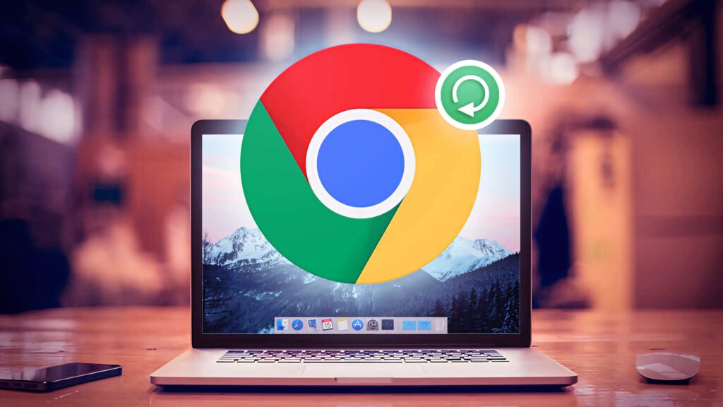 Vibrant Chrome logo on laptop screen with warm lighting and blurred modern digital workspace background Wallpaper