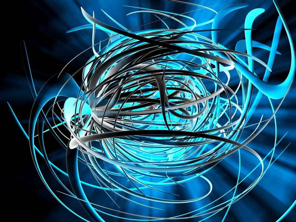 Vibrant 3D Chrome & Neon Blue Abstract Wallpaper in Dark Setting