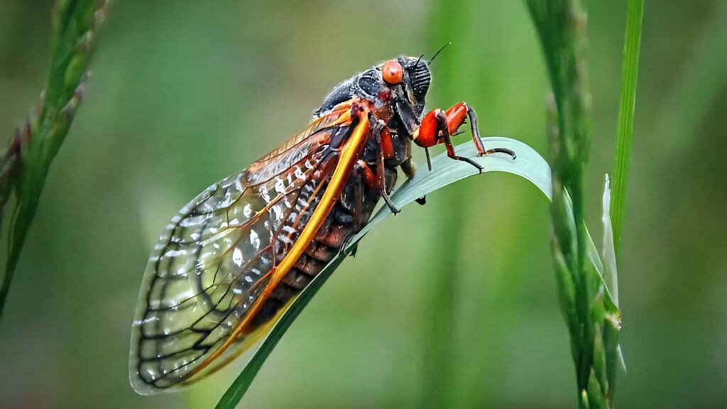 Vibrant macro cicada on green leaf showing translucent patterned wings and orange legs wallpaper