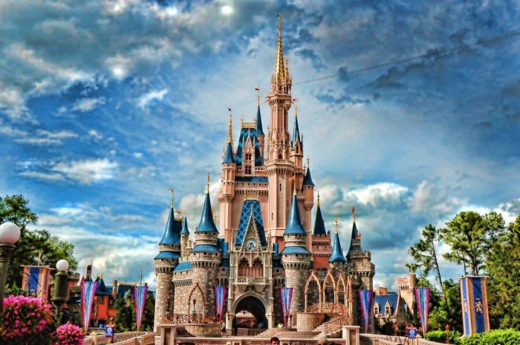 Cinderella Castle Disney World vibrant wallpaper bright blue sky pink spires desktop background