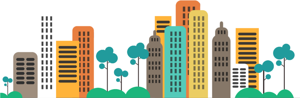 Vibrant City Skyline Wallpaper: Colorful Buildings & Green Trees