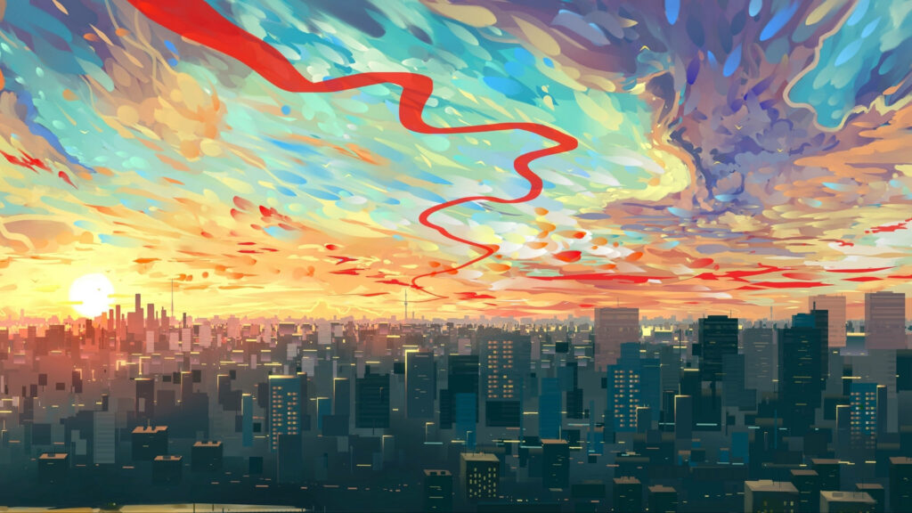 Vibrant City Skyline Sunset Art with Colorful Clouds - Wallpaper