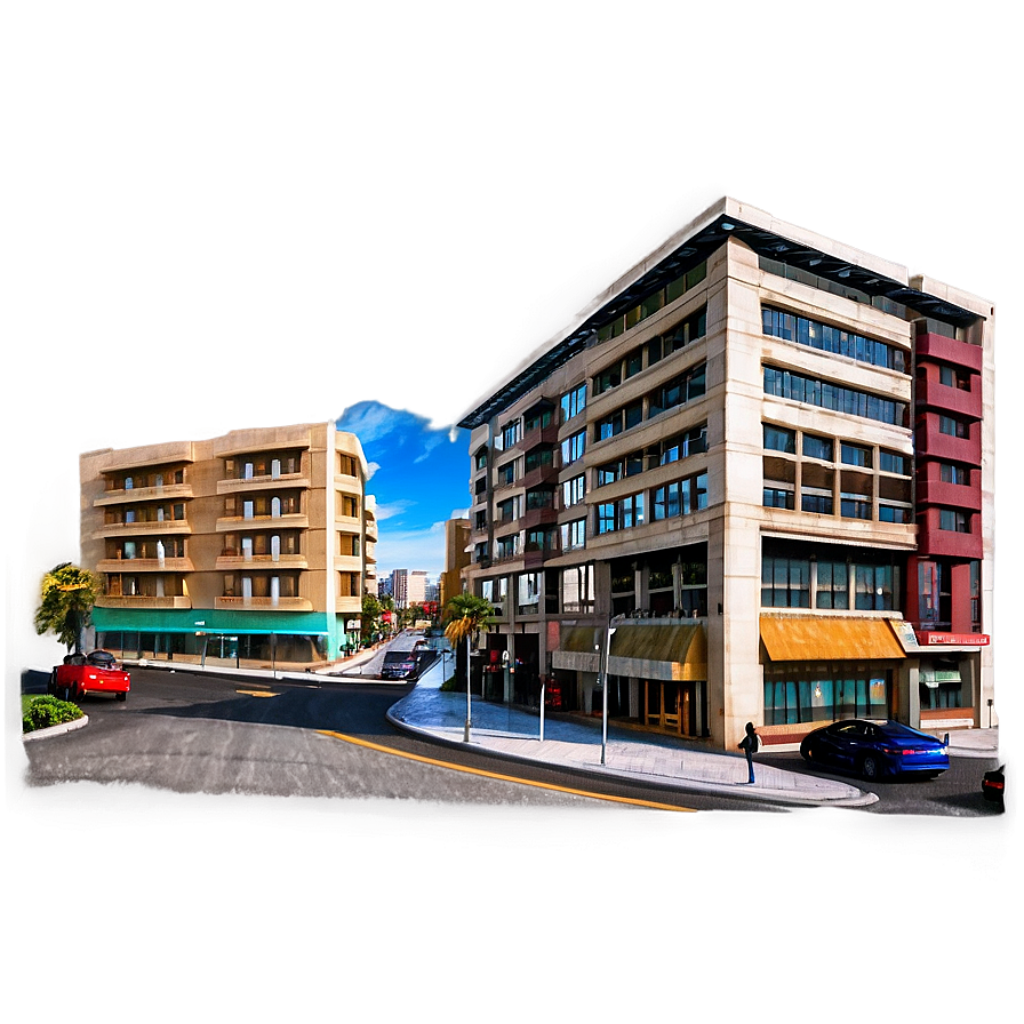 Vibrant City Street Wallpaper: Modern Architecture & Clear Sky Background