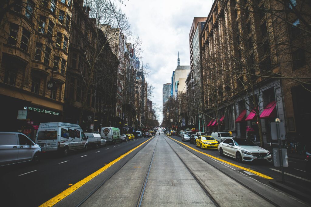Vibrant City Tramway Wallpaper: Urban Ambiance & Modern Design