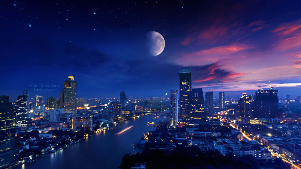 Vibrant Night Cityscape Wallpaper: Illuminated Skyscrapers & Calm River