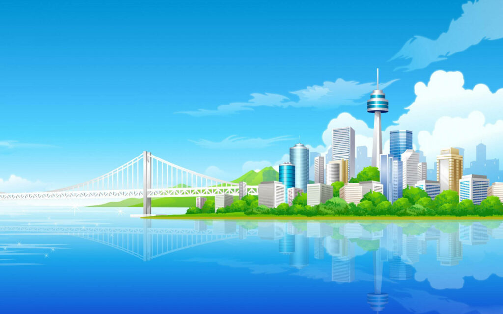 Vibrant Cityscape Vector Wallpaper: Tower, Bridge & Reflections