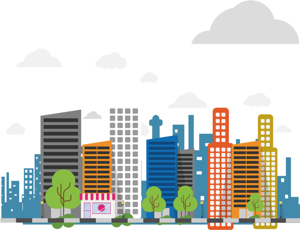 Vibrant Cityscape Wallpaper: Colorful Buildings & Greenery Illustration