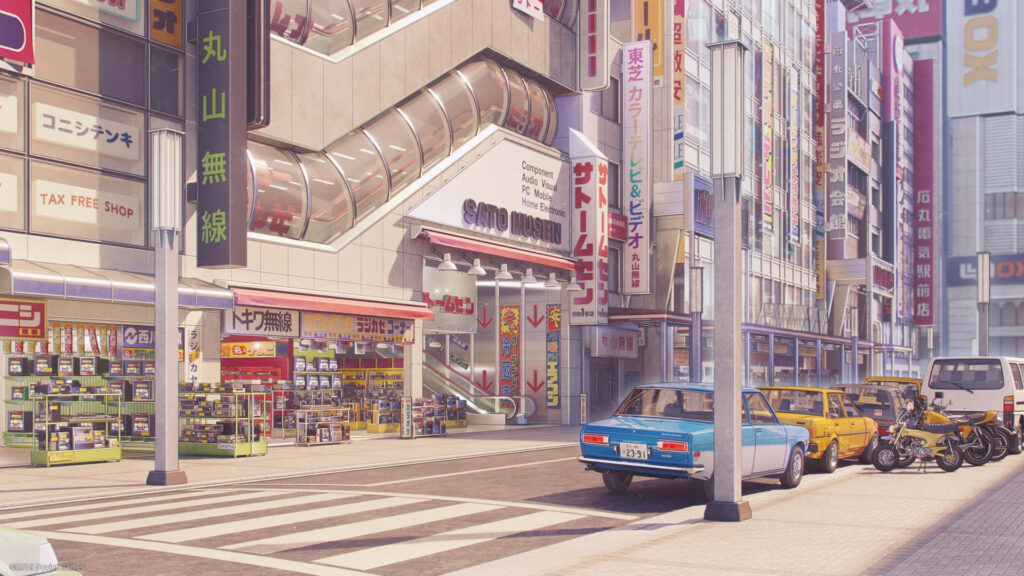 Vibrant Cityscape Wallpaper: Lively Streets, Shops, and Bright Signage