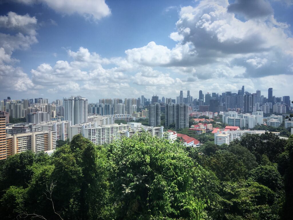 Vibrant Urban Landscape Wallpaper with Lush Greenery and Blue Sky