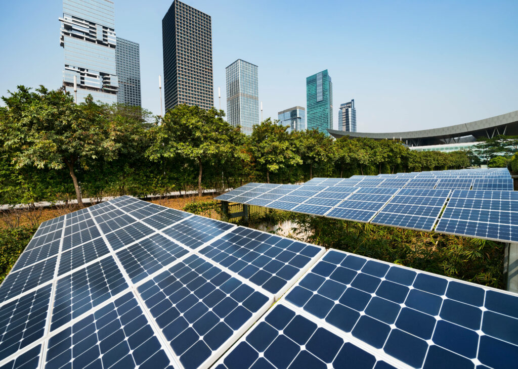 Urban Energy: Cityscape with Skyscrapers & Solar Panels Wallpaper