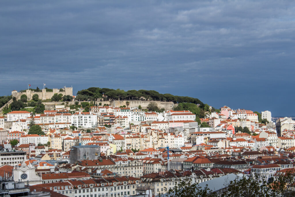 Vibrant Cityscape Wallpaper: Red-Roofed Buildings & Fortress Views
