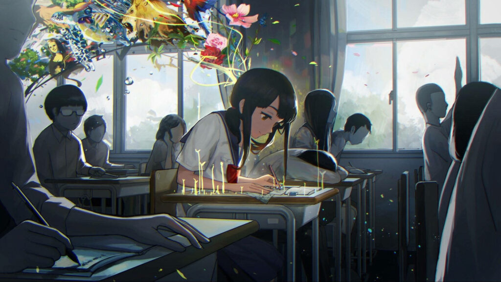 Creative Classroom Wallpaper: Focused Girl & Vibrant Imagination