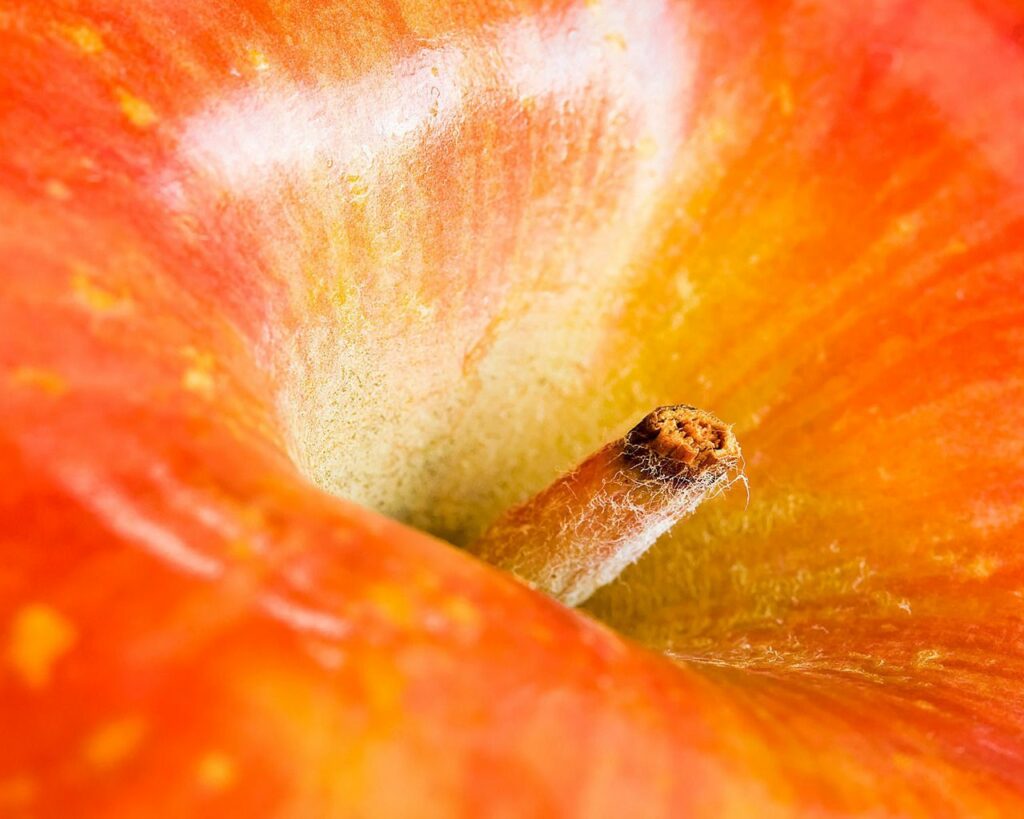 Vibrant Red-Orange Apple Close-Up Wallpaper: Textured Surface & Stem