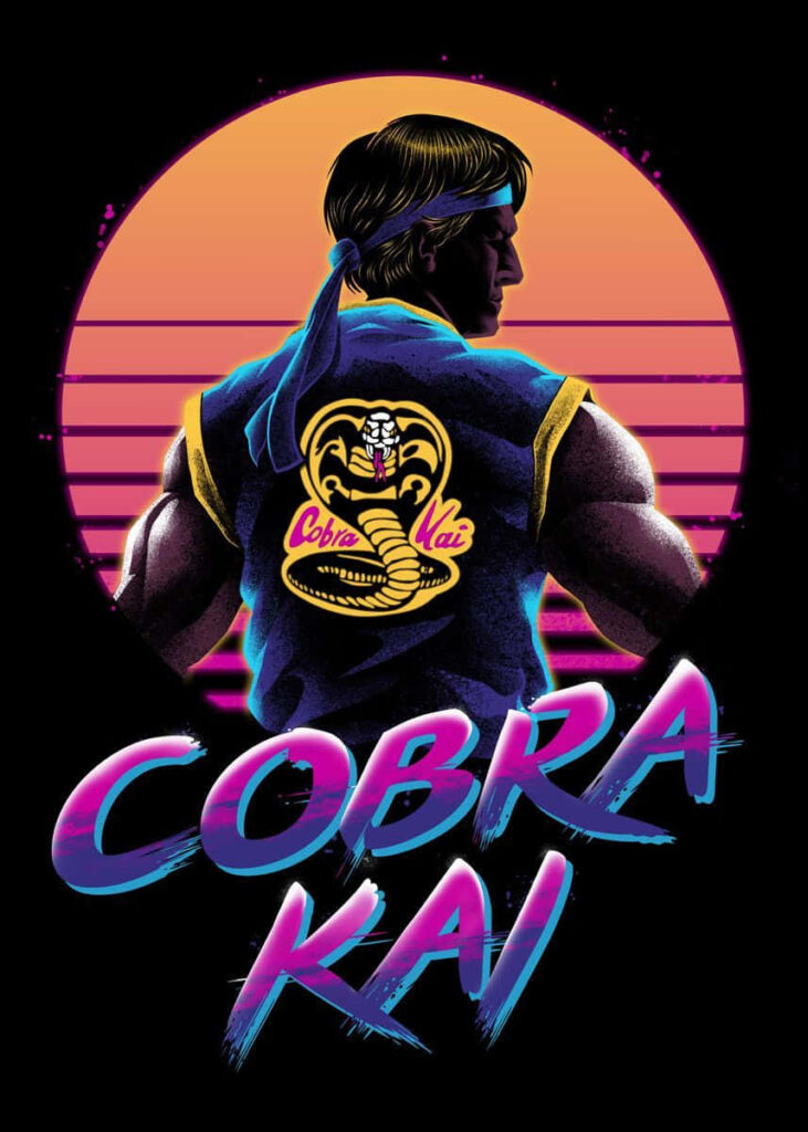 Bold Cobra Kai Synthwave Wallpaper: Neon Retro Sunset Design