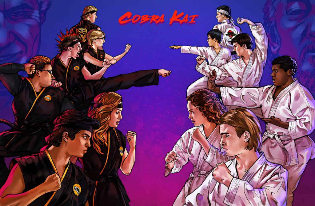 Intense Cobra Kai Rivalry Wallpaper: LaRusso vs Lawrence Dojos