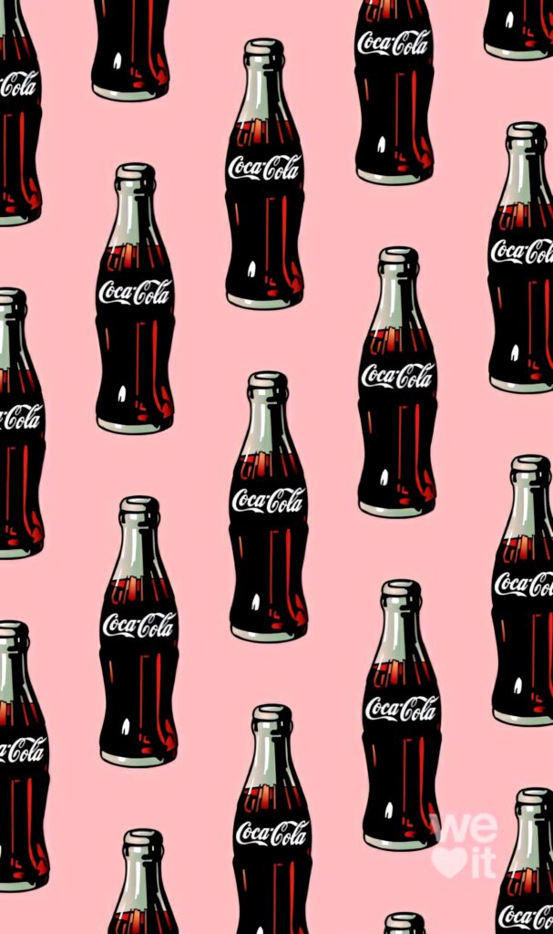 Vibrant Coca Cola wallpaper with repeating classic glass bottles on soft pink retro pop art background