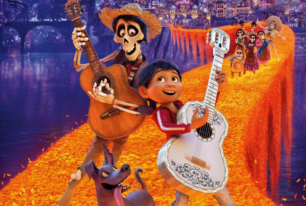 Vibrant Coco Characters on Marigold Bridge - Joyous Wallpaper Background