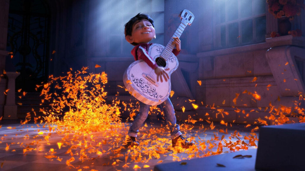 Vibrant Coco Wallpaper: Miguel Strumming White Guitar Amidst Orange Petals
