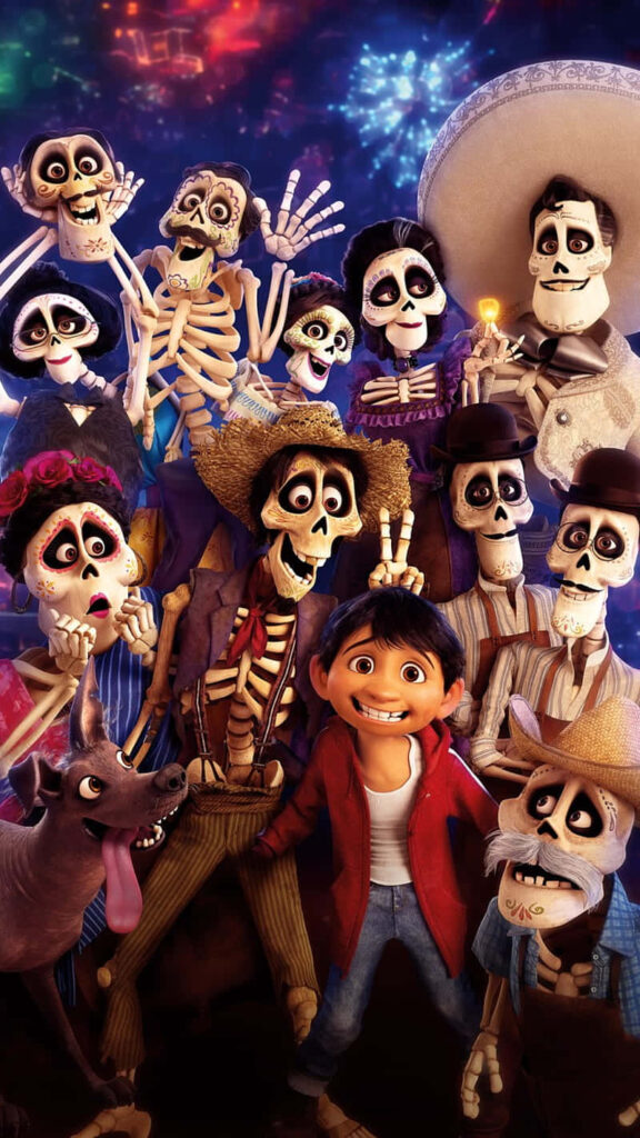 Charming Coco Skeletons & Miguel in Vibrant Nighttime Wallpaper