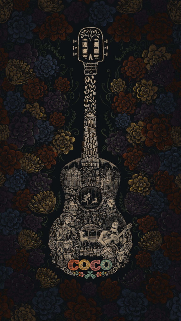 Vibrant Coco Wallpaper: Detailed Guitar & Floral Patterns Background