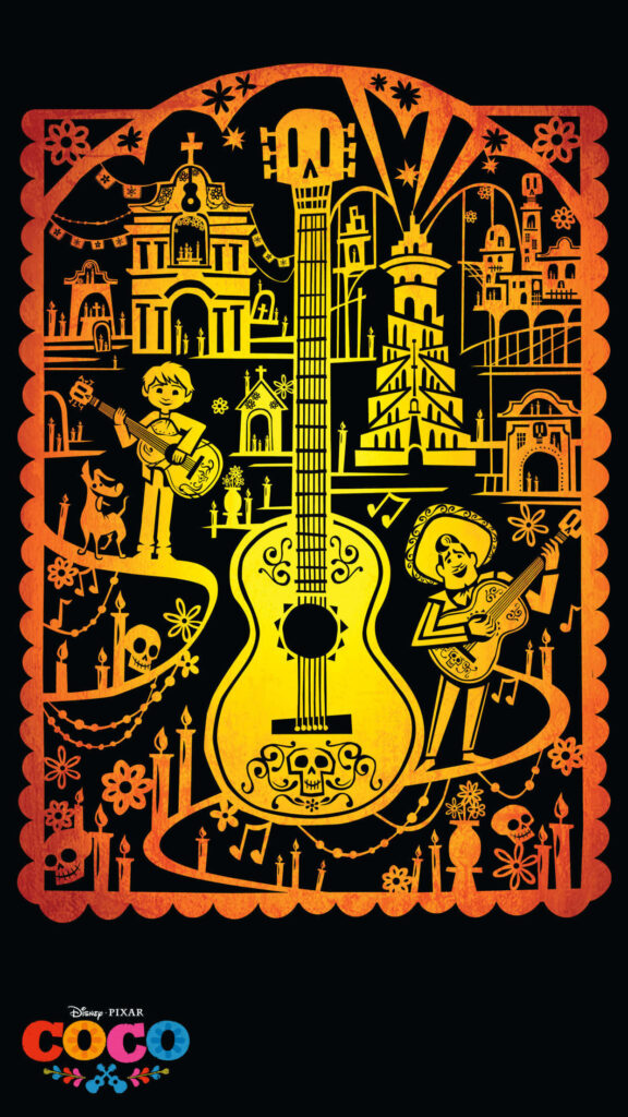 Vibrant Coco Wallpaper with Iconic Characters & Guitar | Background Art
