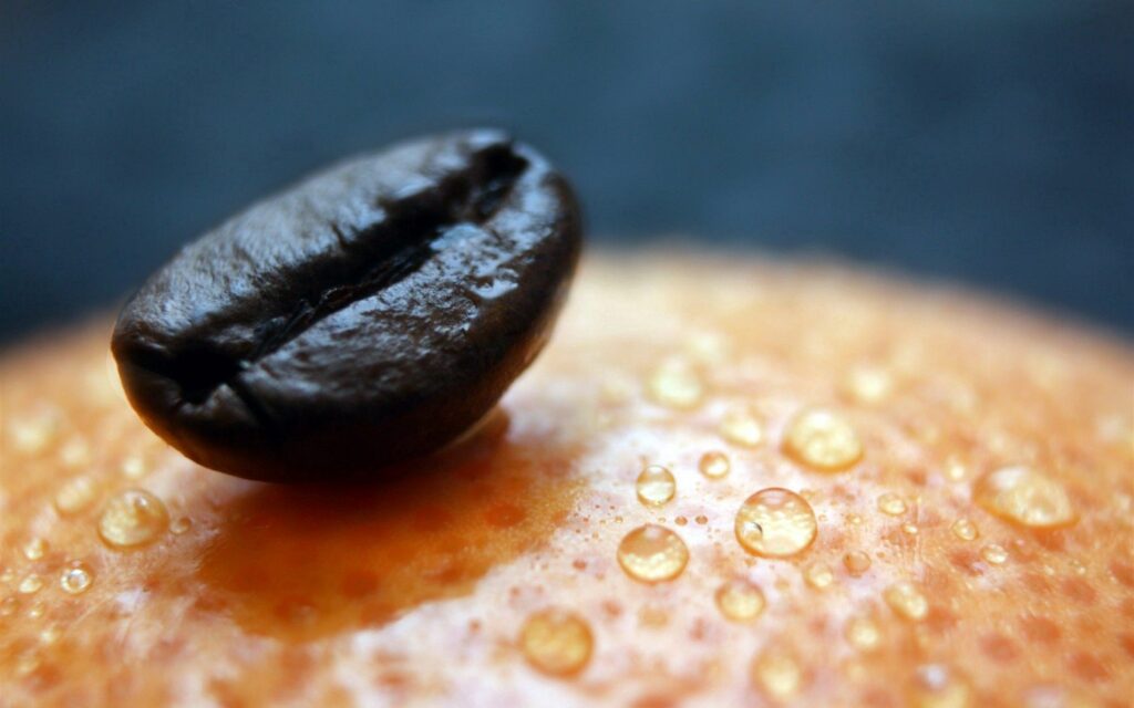 Vibrant Coffee Bean Close-Up on Orange Water-Dotted Surface Wallpaper