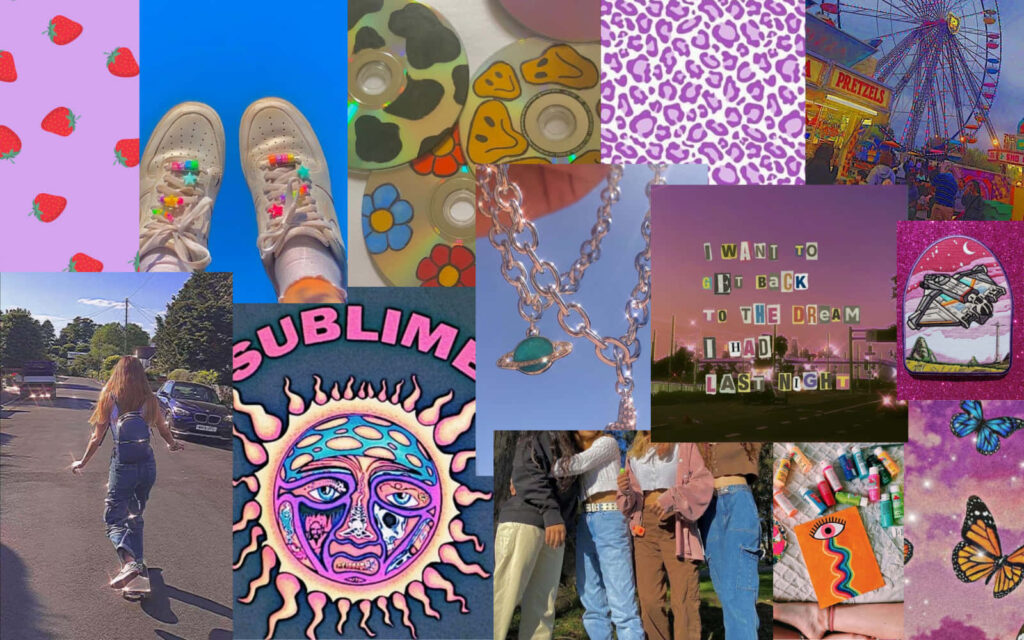 Creative Chaos: A Vibrant Collage of Colorful Clip Art, Backdrops, and Images Define the Indie Aesthetic Desktop Vibe Wallpaper
