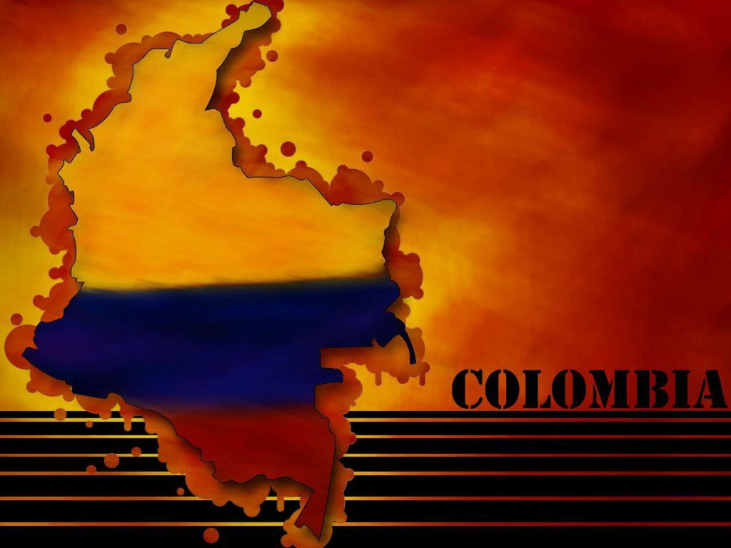 Vibrant Colombia map wallpaper with bold flag colors yellow blue red and modern graphic lines