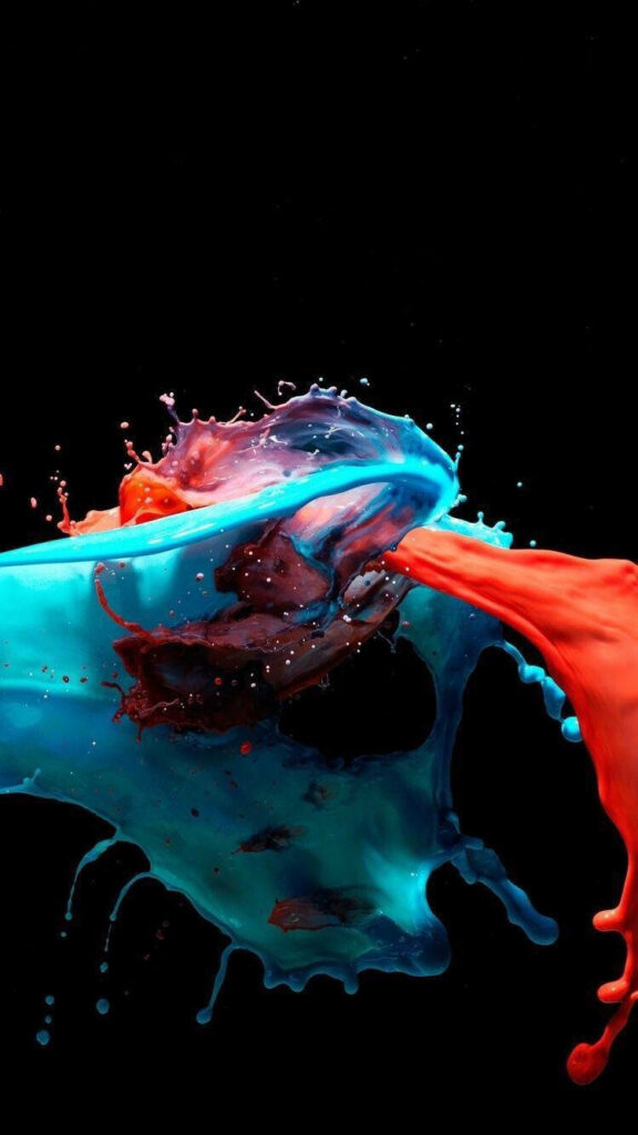 Abstract AMOLED wallpaper vibrant cyan and fiery orange paint splash on deep black background