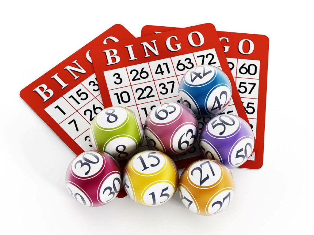 Colorful bingo balls with three red bingo cards vibrant playful gaming wallpaper background