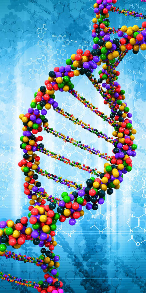 Colorful DNA double helix wallpaper with molecular formulas on blue scientific background genetics