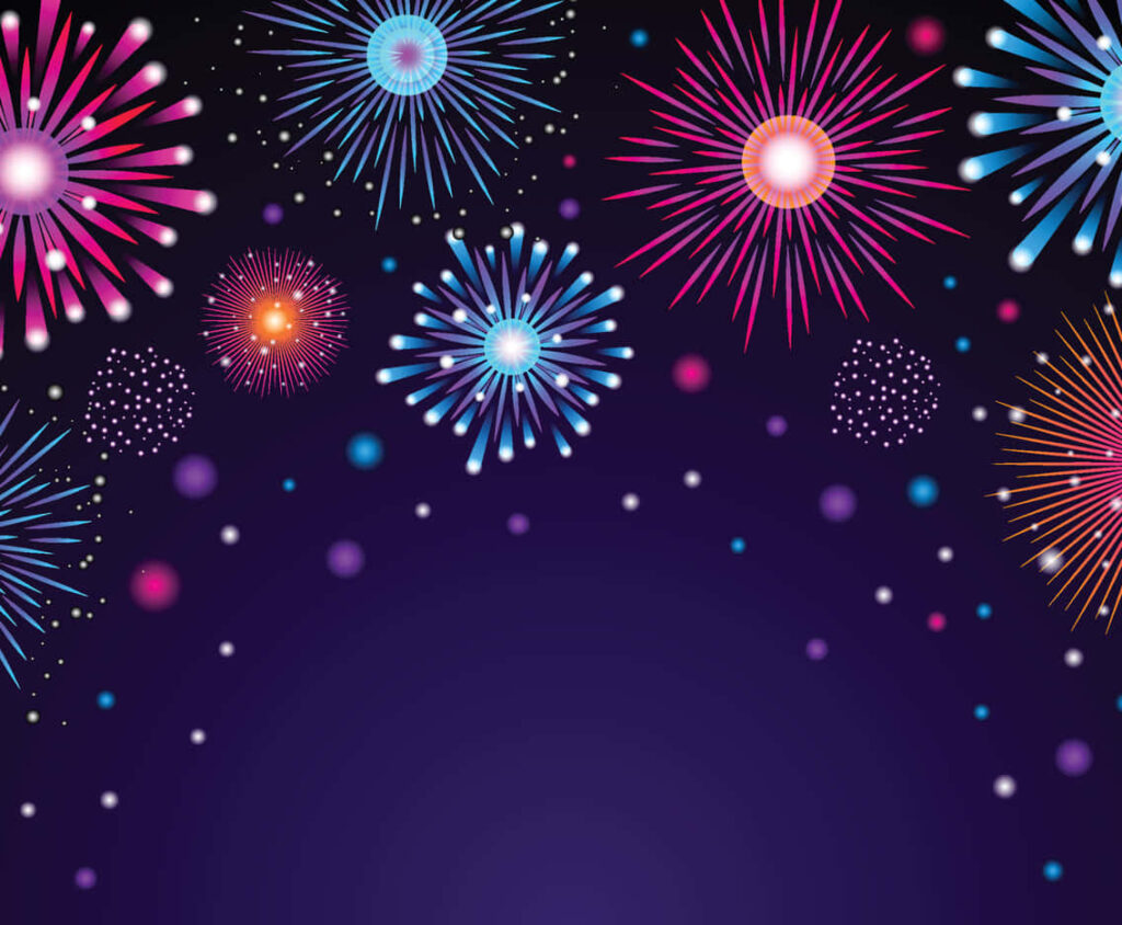 Colorful fireworks bursting in evening sky vibrant festive celebration deep purple background wallpaper