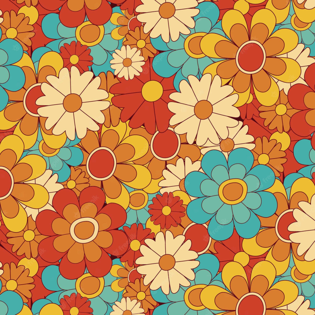 Vibrant floral wallpaper with colorful red yellow orange and blue flowers cheerful design