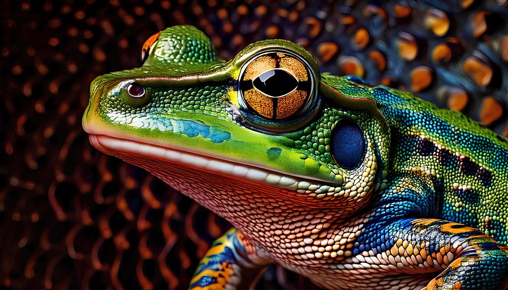 Vibrant macro frog wallpaper with detailed green blue orange skin and golden eye on dark background