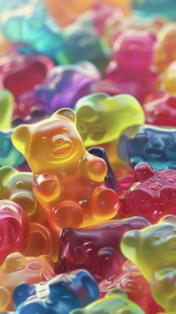Macro close-up of colorful translucent gummy bears in yellow red and blue with glowing light Wallpaper