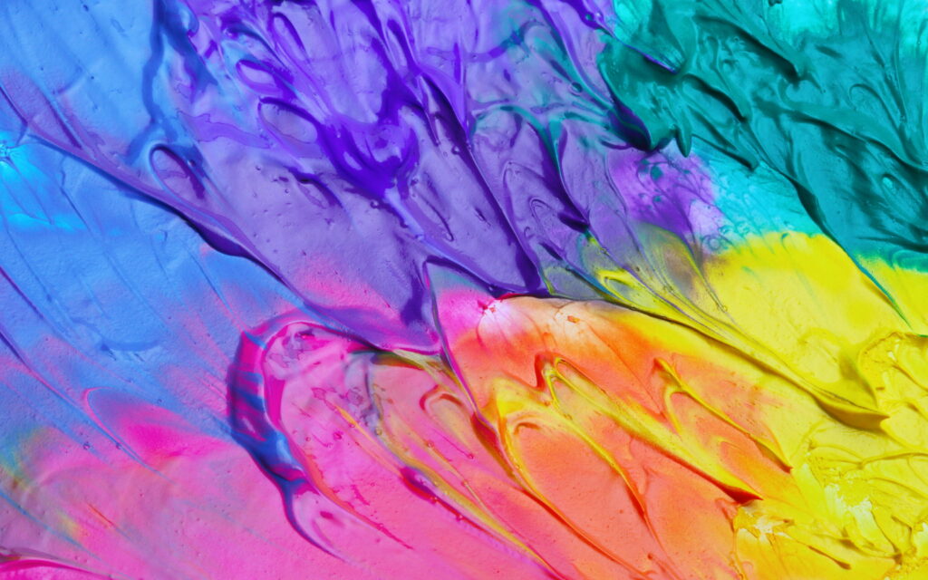Vibrant 4K abstract wallpaper with glossy thick wet paint swirls in magenta purple blue yellow teal
