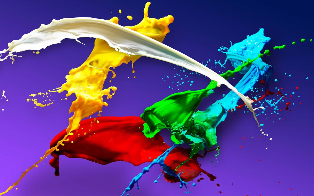 Colorful paint splash wallpaper with dynamic white yellow red green blue arcs on purple background