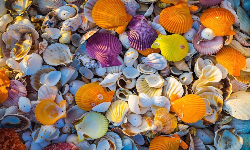 Vibrant colorful seashell wallpaper with orange yellow purple and white coastal marine textures