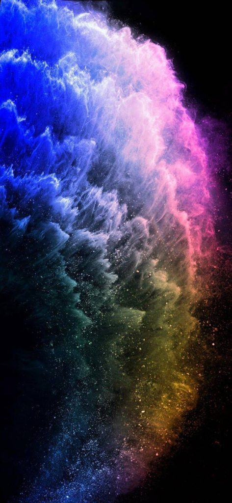 Vibrant colorful smoke burst iPhone 11 Pro wallpaper with blue pink gold on black background