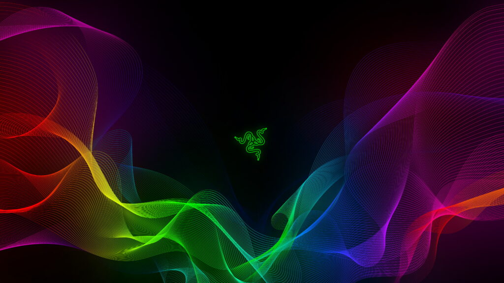 4K Razer wallpaper with green triple snake logo and colorful abstract lines on black background