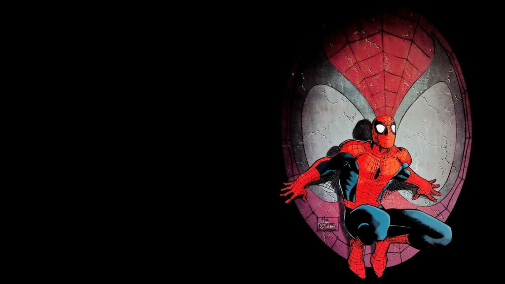 Comic-style Spider-Man crouching before large spider web emblem on dramatic black background Wallpaper