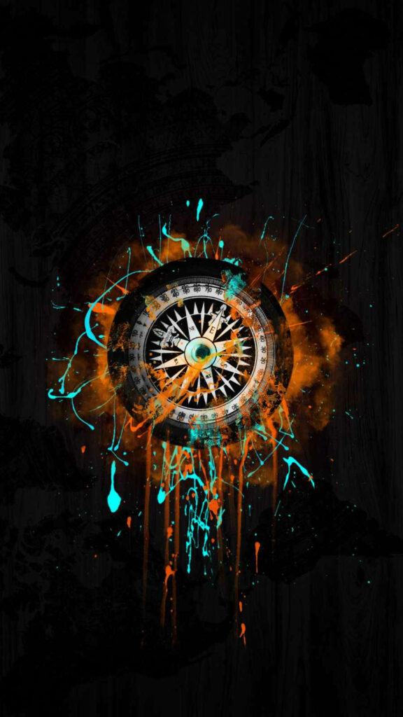 Compass design with orange teal paint splashes on dark textured background vibrant wallpaper