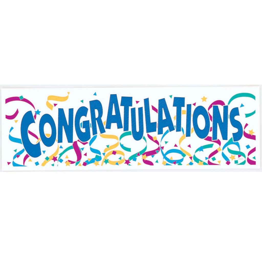 Bold blue Congratulations text with colorful confetti and stars on white celebration background Wallpaper