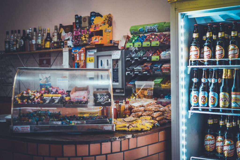Vibrant Convenience Store Snack Display & Colorful Wallpaper Background