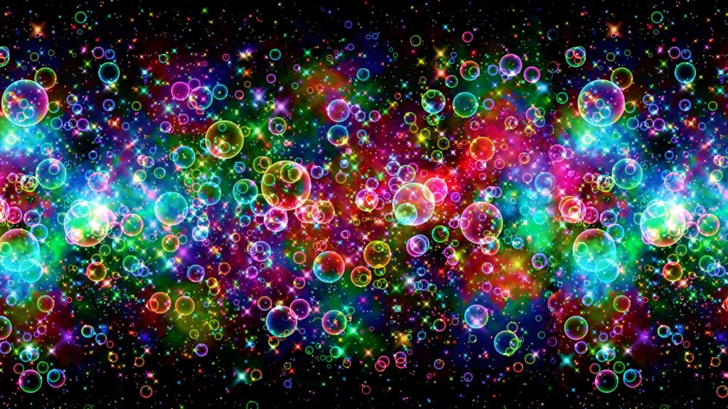 Abstract digital art wallpaper with vibrant colorful bubbles on a dark starry background