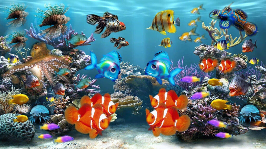 Colorful 3D Coral Reef Wallpaper with Fish - Vibrant Marine Background