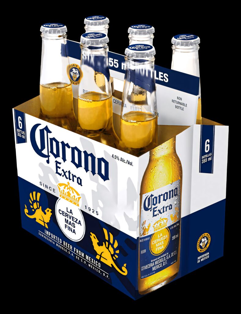 Six-pack Corona Extra beer bottles in branded blue white box with golden liquid and lion logo Wallpaper